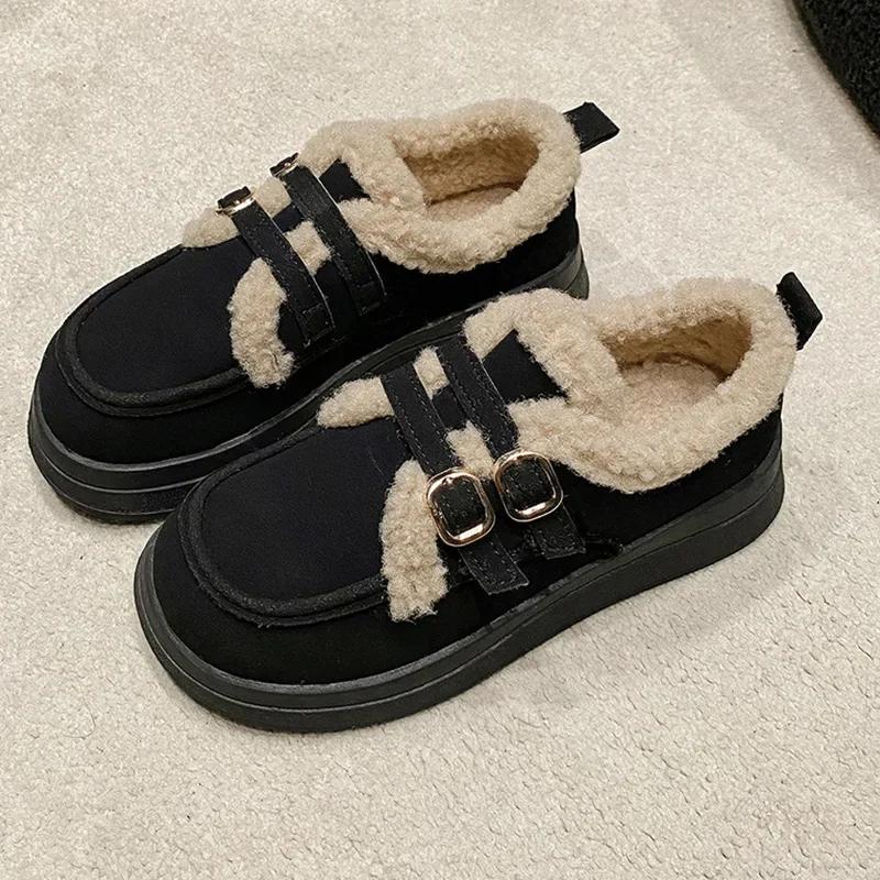

Модные женские клоги на платформе с круглым носком, лоферы с мехом, повседневные зимние ретро, новые слипоны, однотонные, с резиновой пряжкой, женские кроссовки, криперы, Str 35 чёрный