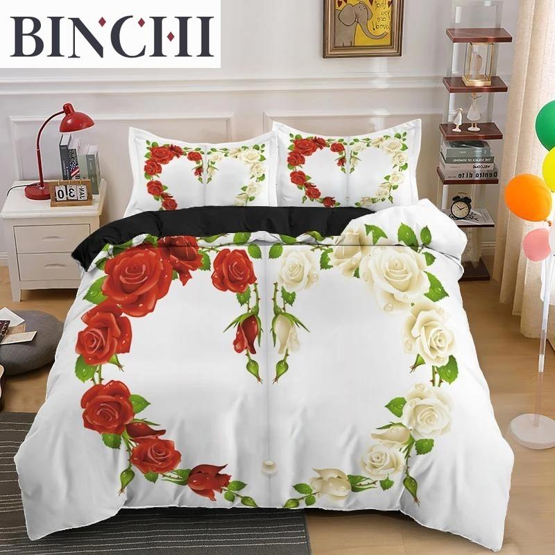 Rose Duvet Cover Collection Red And White Rose Bedding Collection For Lover Couple Polyester Comforter Cover ValentineS Day Gift King Size