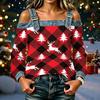 Women's Casual Off-Shoulder Long Sleeve Christmas Print Top for Holiday Parties