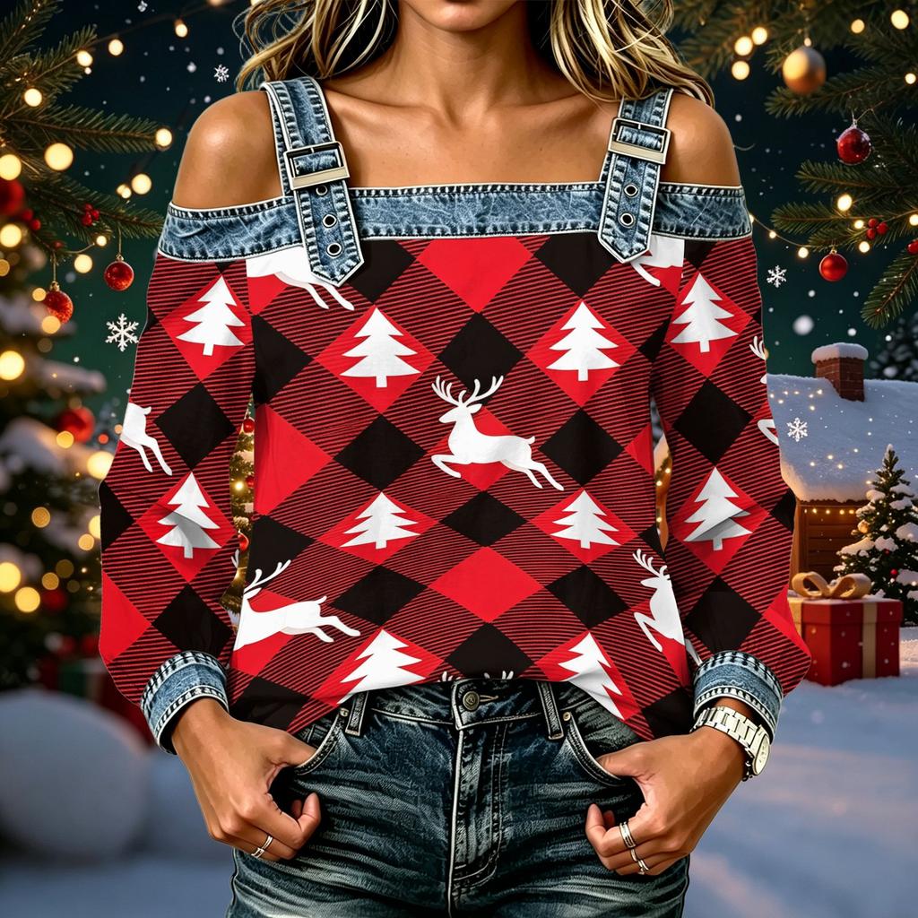 Women's Casual Off-Shoulder Long Sleeve Christmas Print Top for Holiday Parties