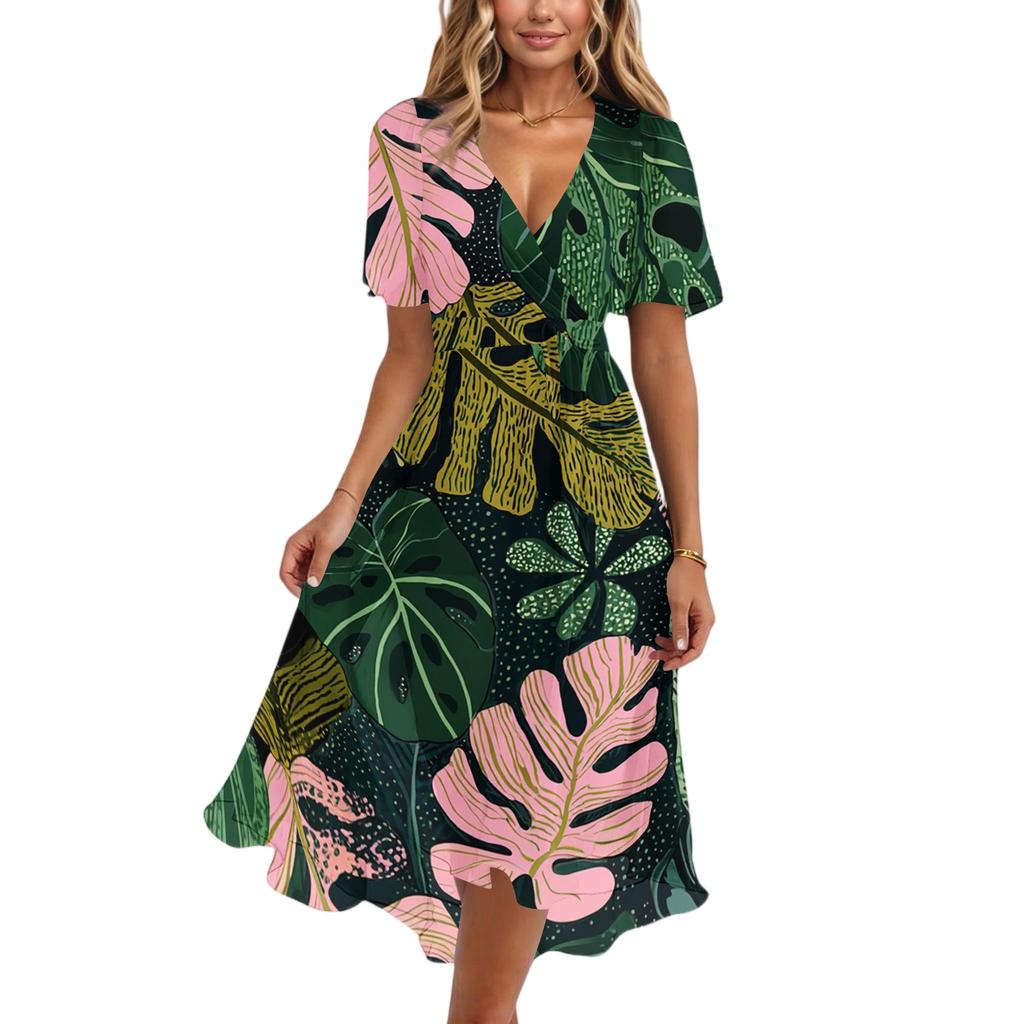 Women's Fashion Casual V Neck Short Sleeve Ruffled Vintage Printed Dresses