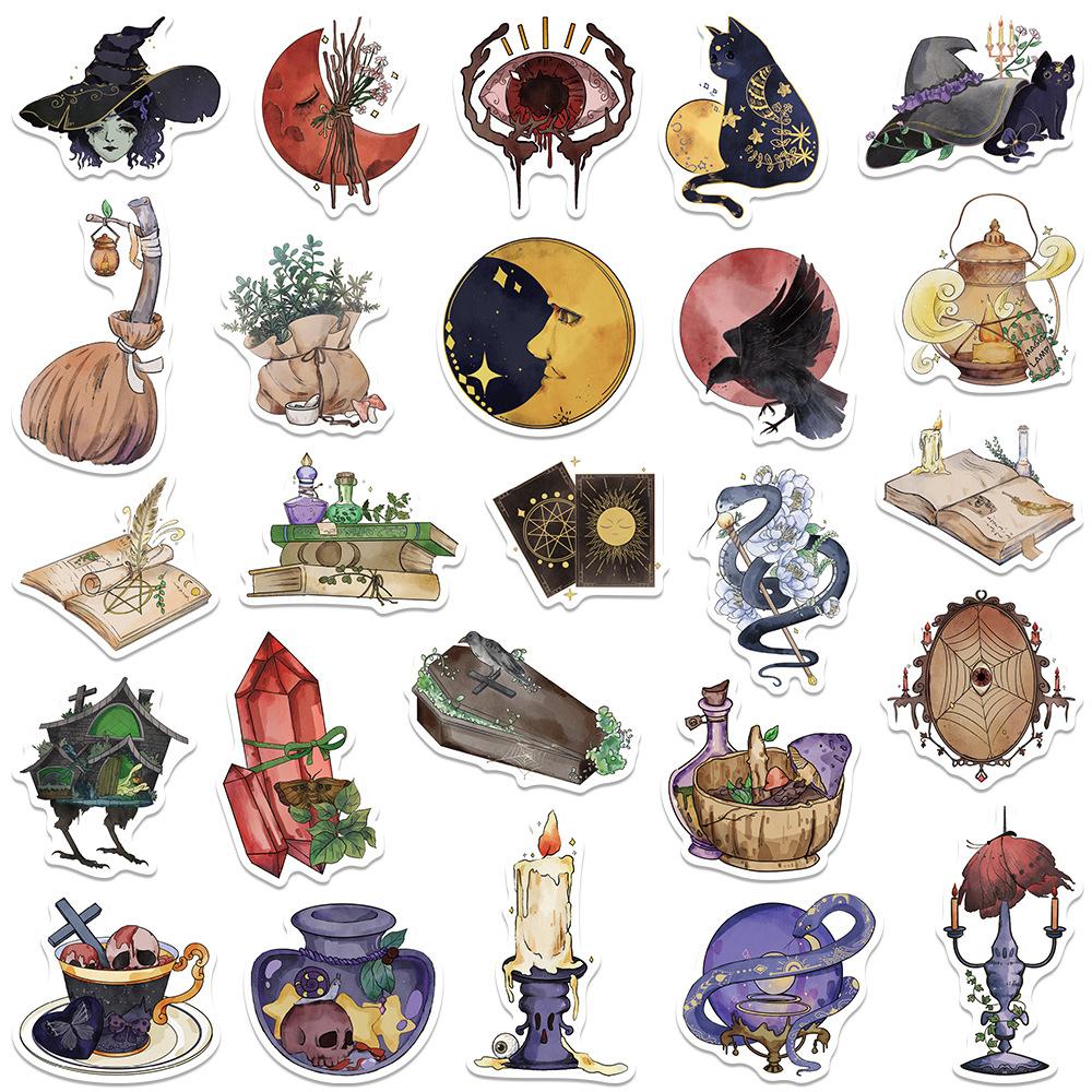 10/30/50pcs Watercolor Halloween Witch Stickers Decorative Luggage Skateboarding Waterproof Vintage Graffiti Sticker Packs