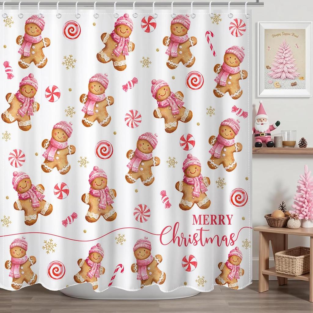 Merry Christmas Shower Curtain For Bathroom Cute Gingerbread Man Snowflake Shower Curtain For Christmas Bathroom Decorwaterproof