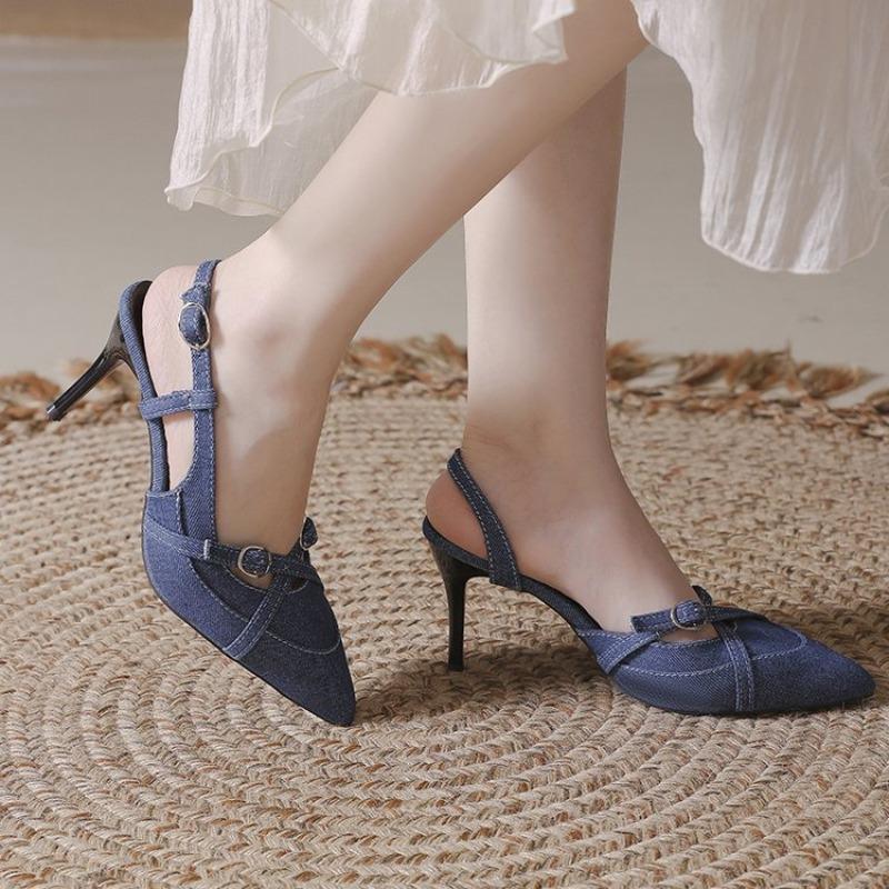 Denim Wrapped Sandals Women's Pointed Toe Shallow Mouth One Strap Anti-Slip Wear-Resistant High Heels