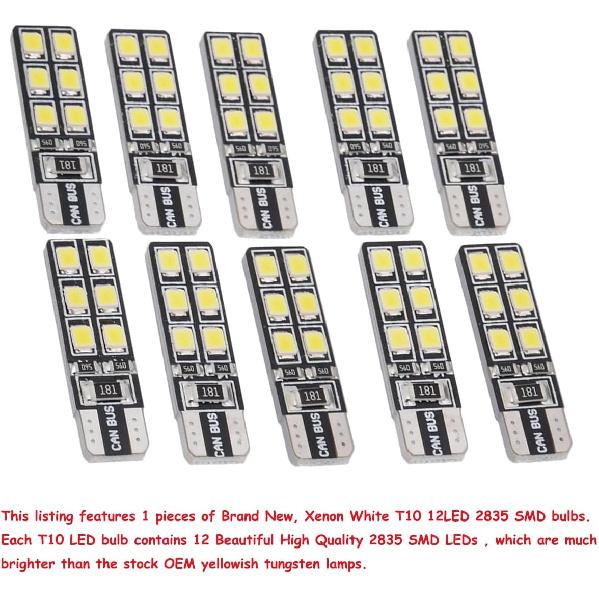 10PCS LED Lights,T10 W5W CANBUS T10 LED 12SMD 2835 Led Error Free 12V Car Light Source Wedge Led Rear Lamp Parking Light Replacement Bulbs