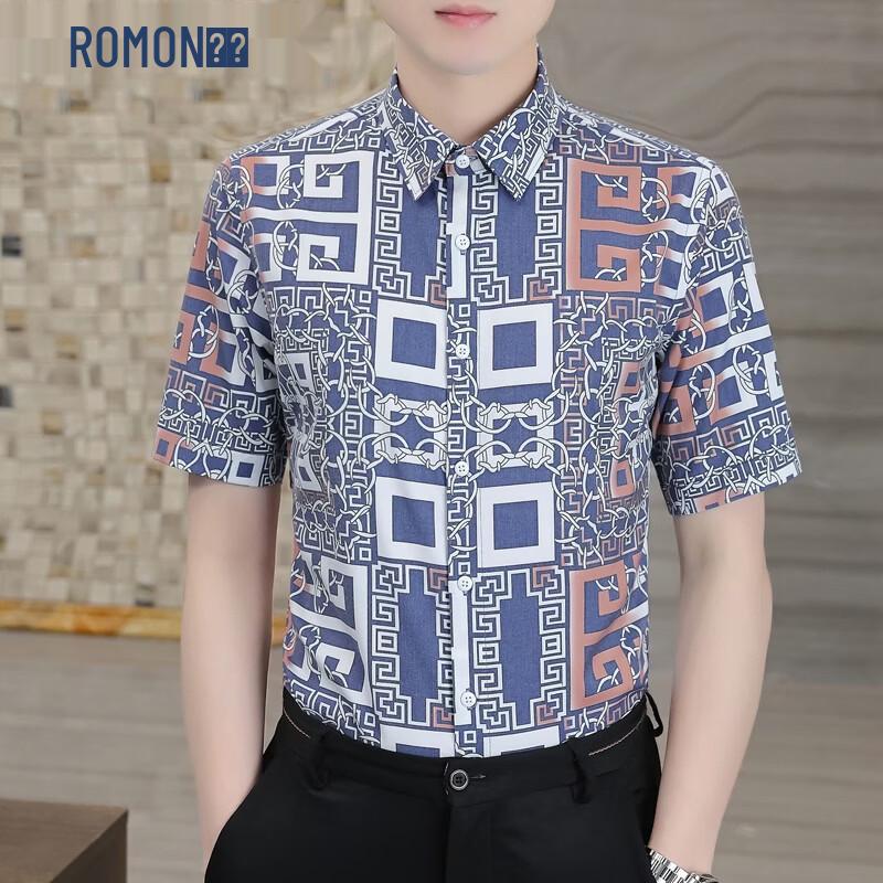 ROMON Men s Anti-Wrinkle Digital Print Short Sleeve Shirt L