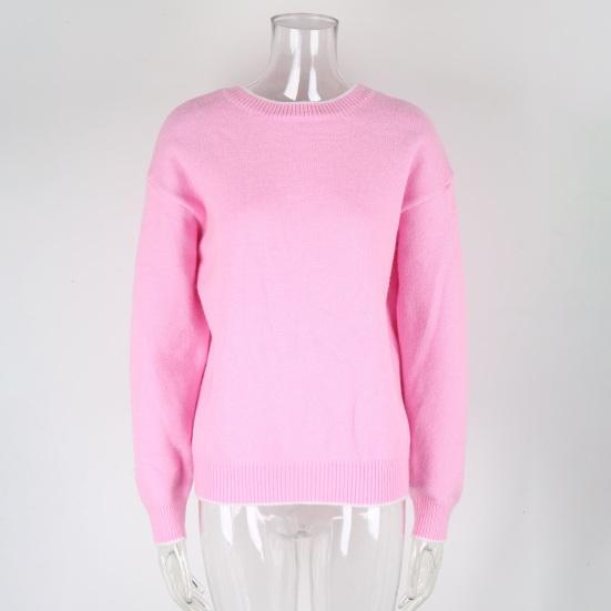 Women Sweater Tops Round Neck Long Sleeve Ribbed Hem Cuff Knitting Tops with Back Bow Decor Solid Color Knitwear