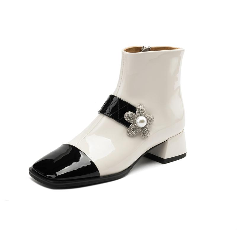Fashion Women's New Autumn Dong Diamond Pearl Flower Color Block Leather Mid Heel Extra Large Calf Zipper Chelsea Short Boots