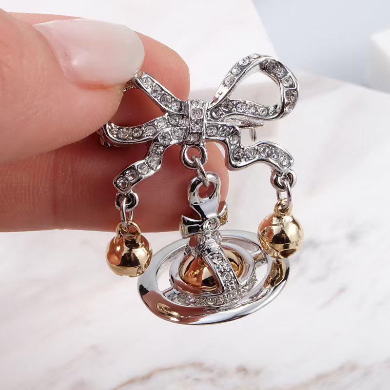 Empress Cixi Planet Pendant & Christmas Bell Bow Brooch Necklace: Luxury Women's Fashion Clavicle Chain