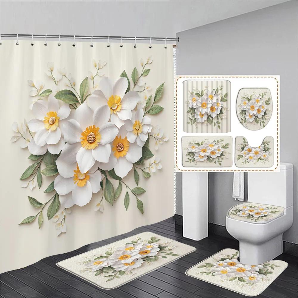 Luxury Pink Floral Butterfly Shower Curtain Set Diamond Flower Art Bathroom Decor Bath Curtains Bath Mats Toilet Lid Cover