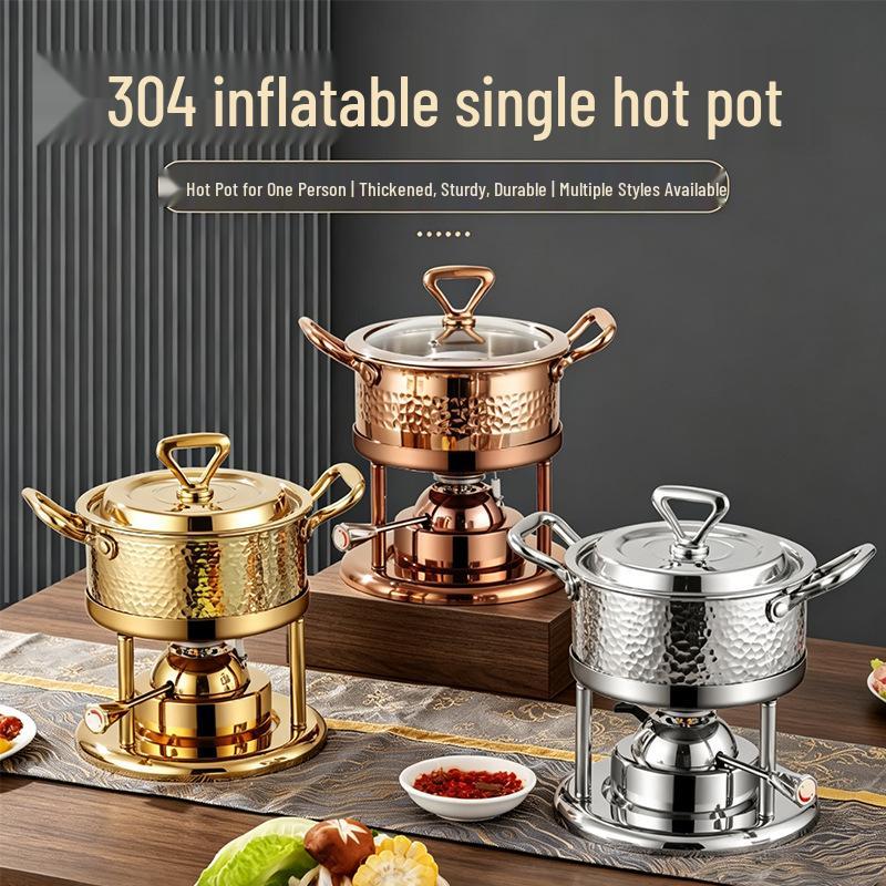 304 Stainless Steel Single-Person Hot Pot with Inflatable Gas Stove for Home, Commercial, and Camping Use