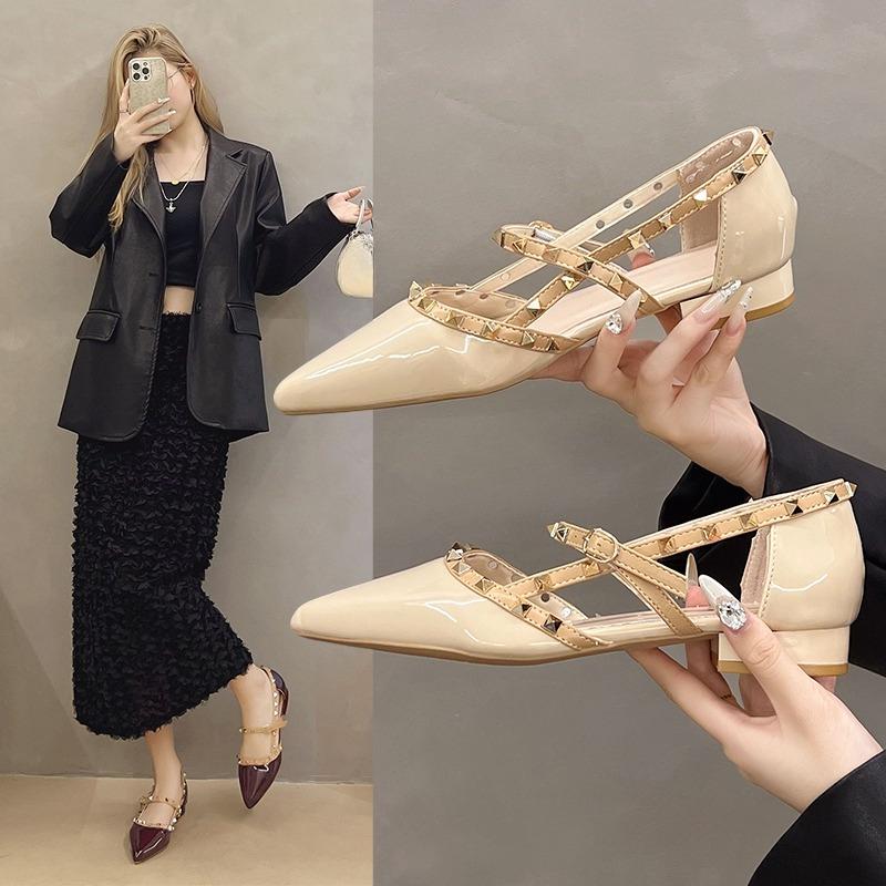 Fashion Studded One Strap Non-slip Block Heel Sandals Women's Autumn New Pointed Toe Shallow Mouth Mid-heel Shoes