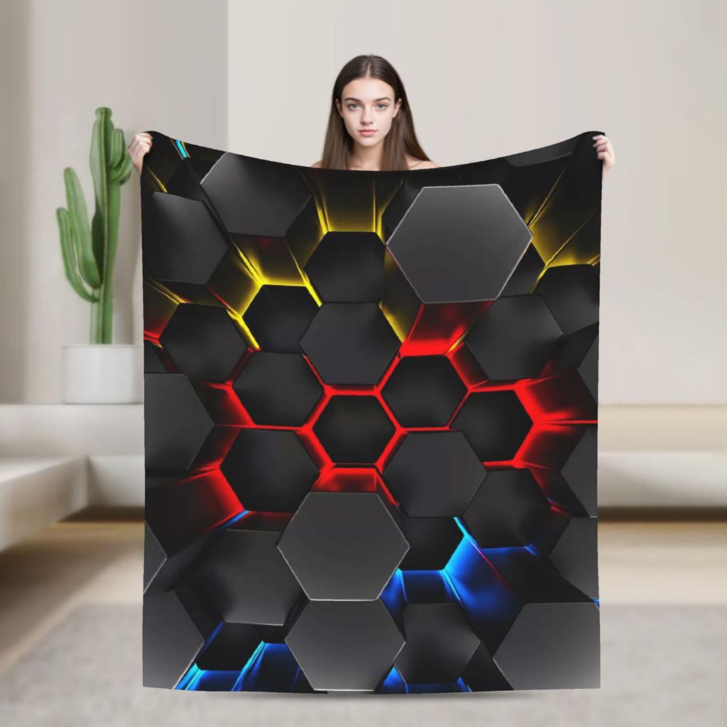 Glowing Geometric Shapes On Dark Warm Blanket  Child Plush Throw Blanket Aesthetic Couch Bed Flannel Bedspread Sofa Bed Cover
