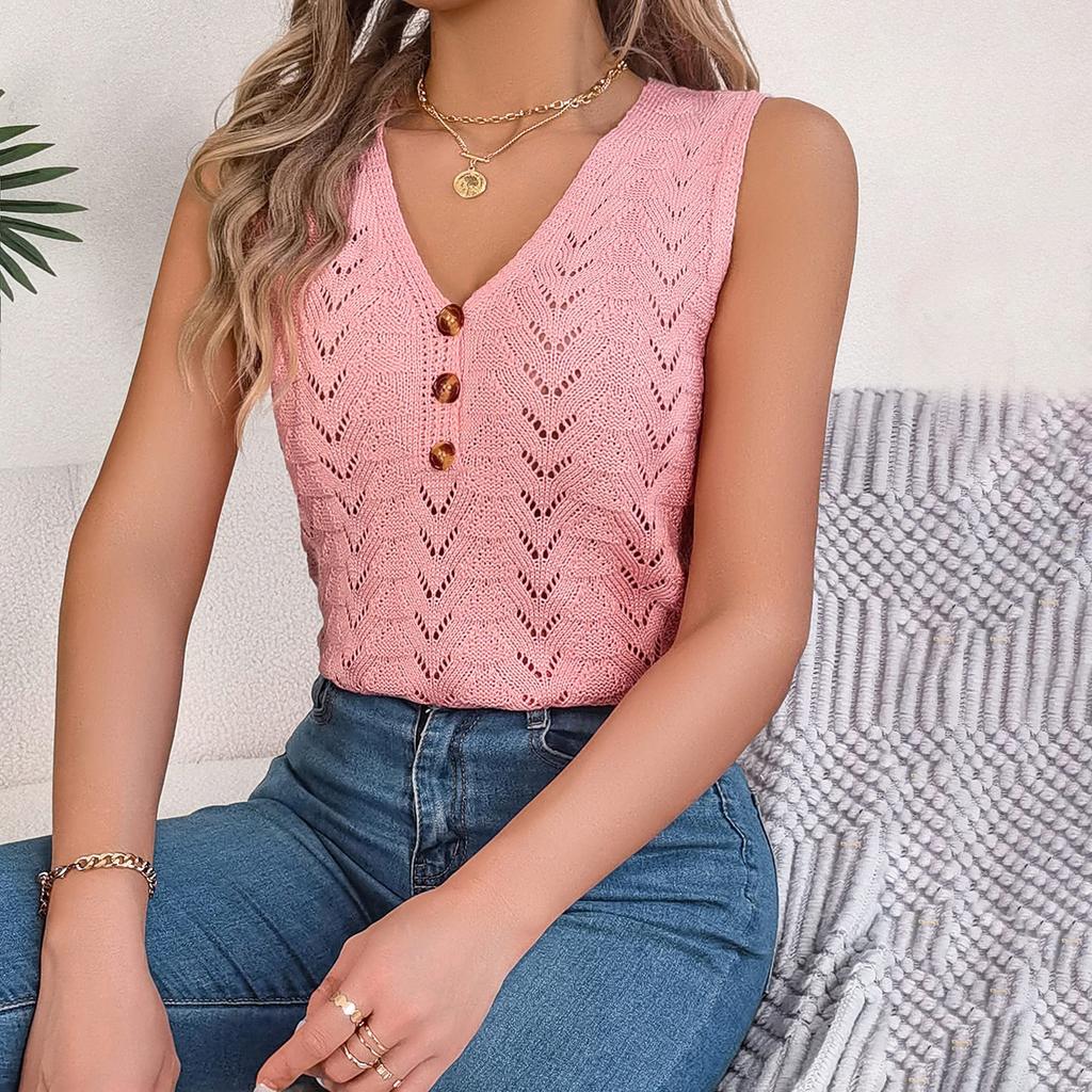 Spring And Summer Button-down V-neck Hollow Sleeveless Top Holiday Sweater For Women