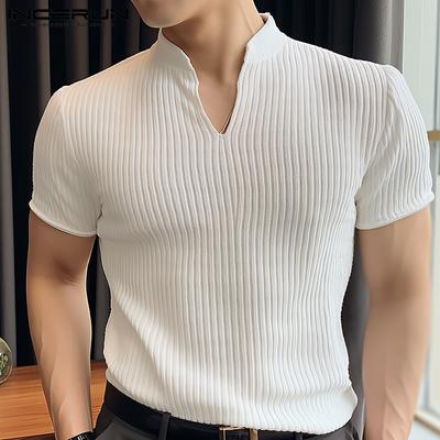 Men Short Sleeve V Neck Striped Tee Tops Casual Shirts