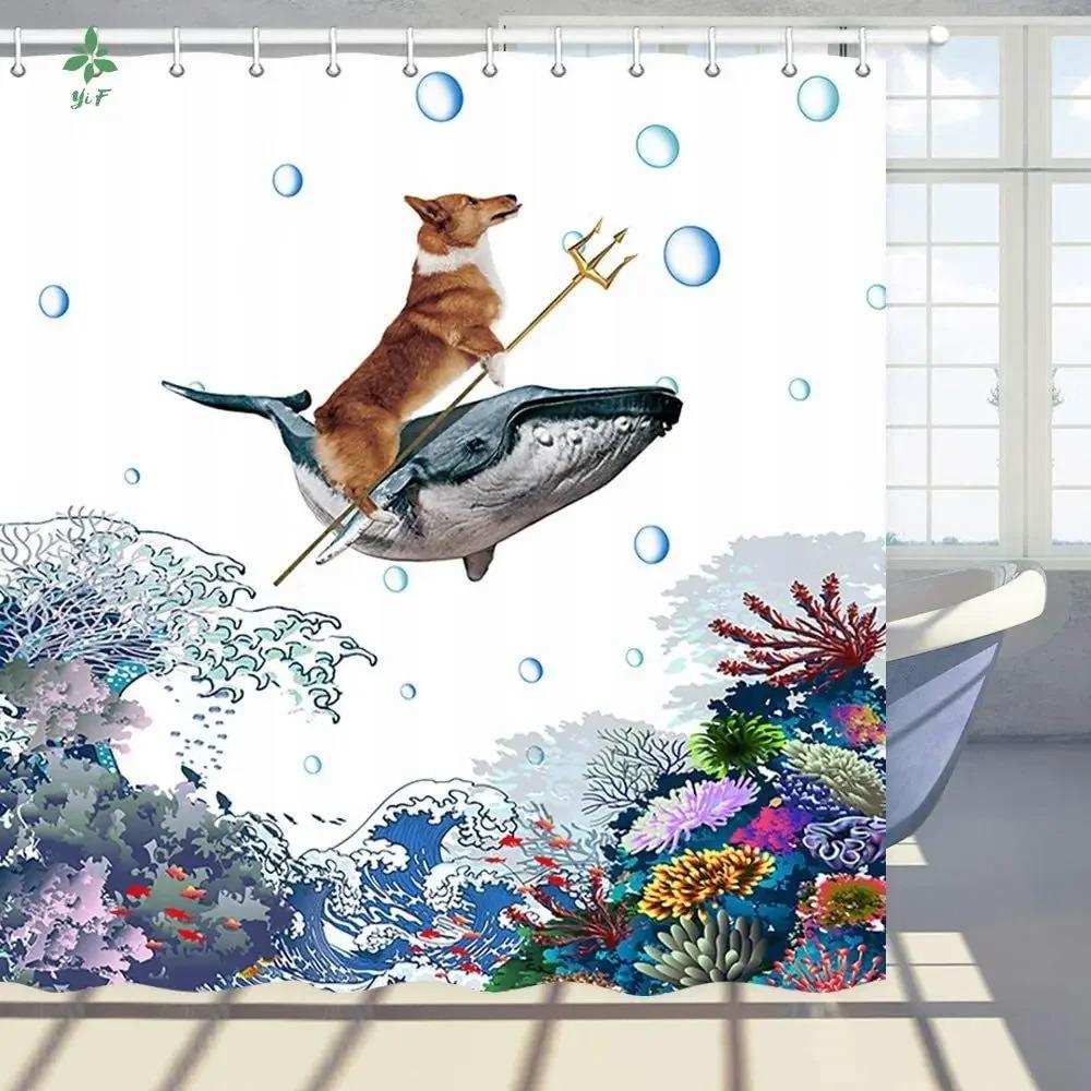 

Interesting Corgis Ride Whales In The Undersea Coral And Tropical Fish Shower Curtain Bathroom Decoration 90x180 cm