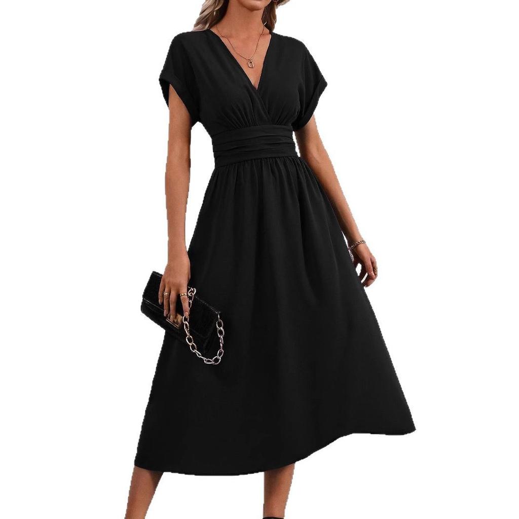 Ladies Summer Solid Color Overlapping V-Neck Bat Sleeve Waist Folds Long Elegant Dress, Women's Long Dress