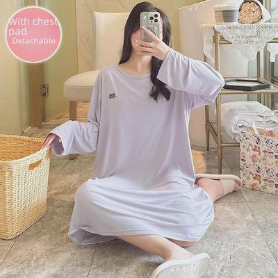Modal Long-Sleeve Nightdress with Chest Pads for Plus-Size Women