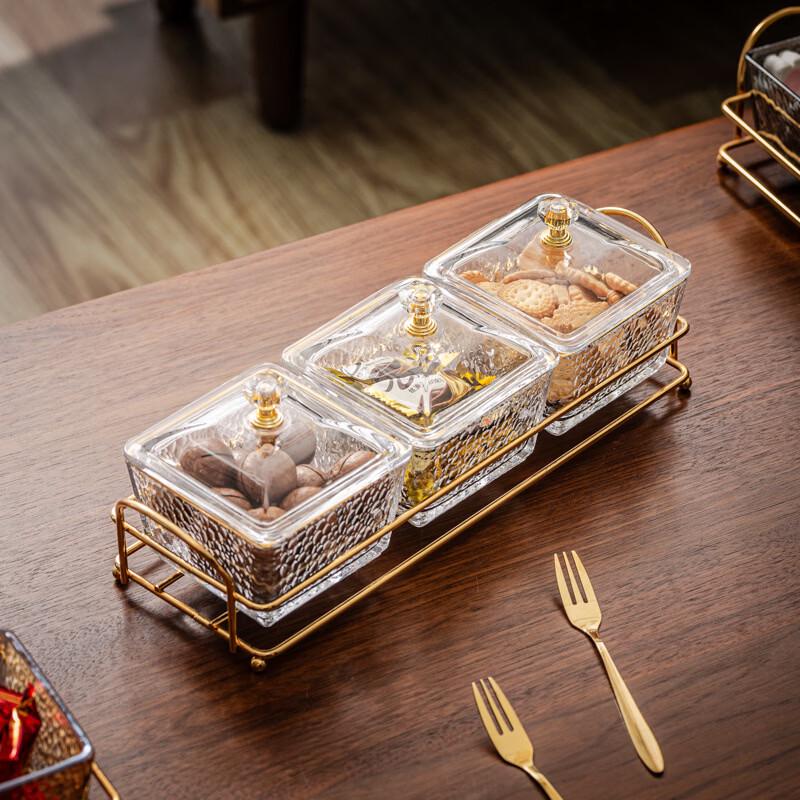 Hammered Glass Divided Serving Platter with Gold Stand and Lid