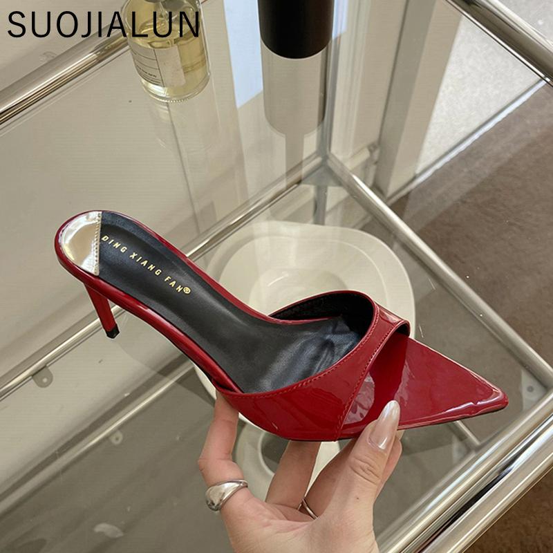 Fashion SUOJIALUN 2025 Summer New Brand Women Slides Fashion Pointed Toe Slip On Ladies Sexy Slipper Thin High Heel Dress Pumps Sandal