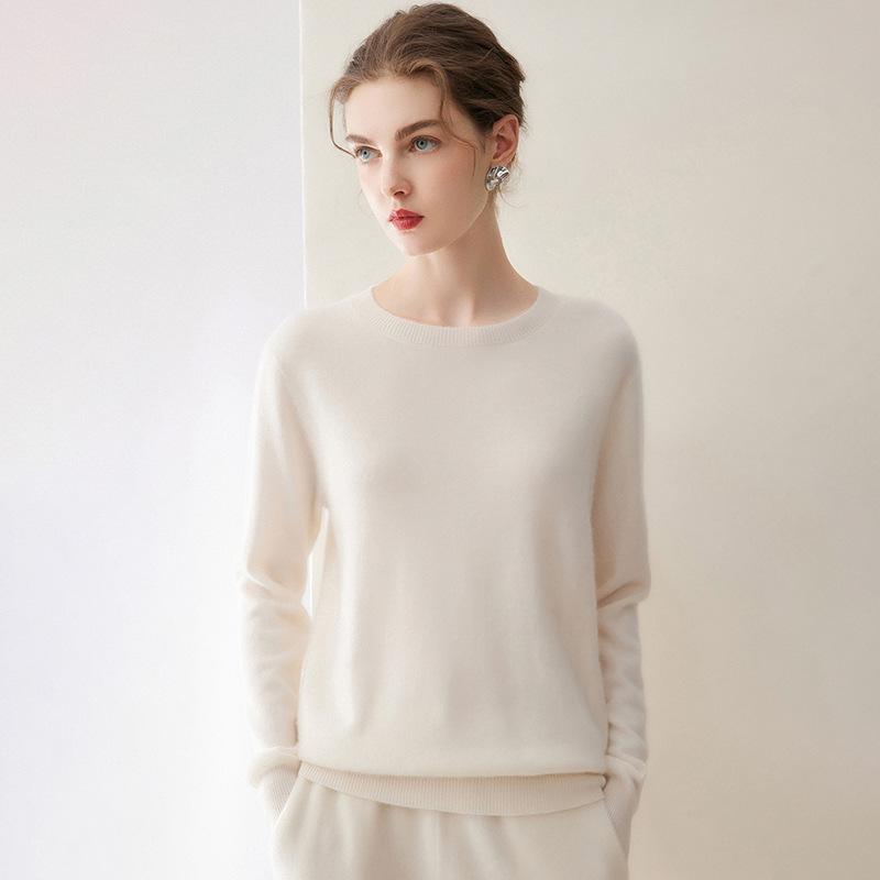 Women's 100% Cashmere Knit Round Neck Loose Sweater - Autumn/Winter Long Sleeve Base Layer Top