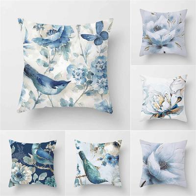 Blue Flower Watercolor Printing Pattern Floral Cushion Cover Home Living Room Sofa Decoration Square Pillow Pillow Cover