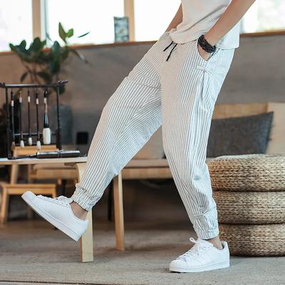 Men's Spring Drawstring Striped Haren Pants Chinese Style Loose Plus Size Casual Pants