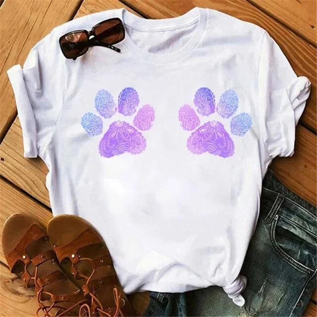 Women's Large Size Short Sleeve Crewneck T-Shirt Cartoon Hand-Painted Dog Paw Print Warm Polyester Fabric Summer Fashion