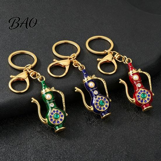 Decorative Pot Keychain Retro Teapot with Rhinestones, Ethnic Style Pitcher Key Handbag Ornament Charm Ring, Pendant for Handbags Backpacks