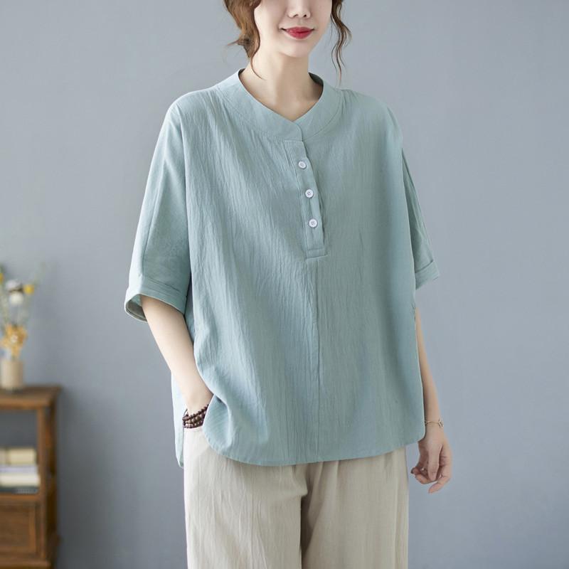 Koszula z bawełny i lnu w jednolitym kolorze, z półotwartym kołnierzykiem i rękawami w kształcie nietoperza, w dużym rozmiarze, damska, letnia koszula literacka