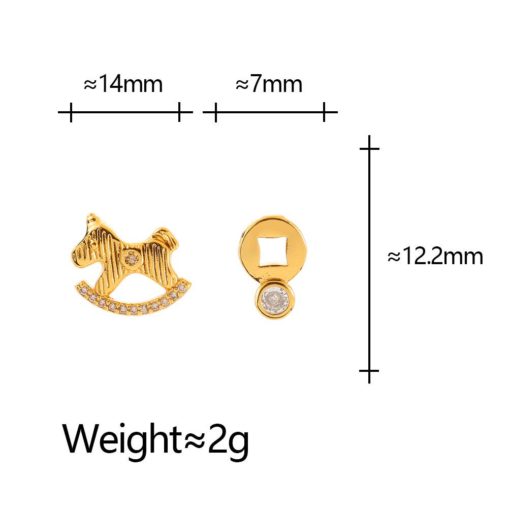 Minimalist Hollow Wooden Horse & Copper Coin Zircon Earrings for Women - Light Luxury Retro Design