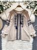 Women's Spring Autumn Shirt New Retro Bohemian Embroidered Lace Up Lantern Long Sleeves Blouse Top