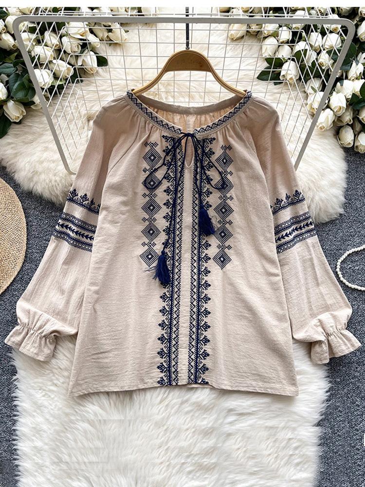 Women's Spring Autumn Shirt New Retro Bohemian Embroidered Lace Up Lantern Long Sleeves Blouse Top