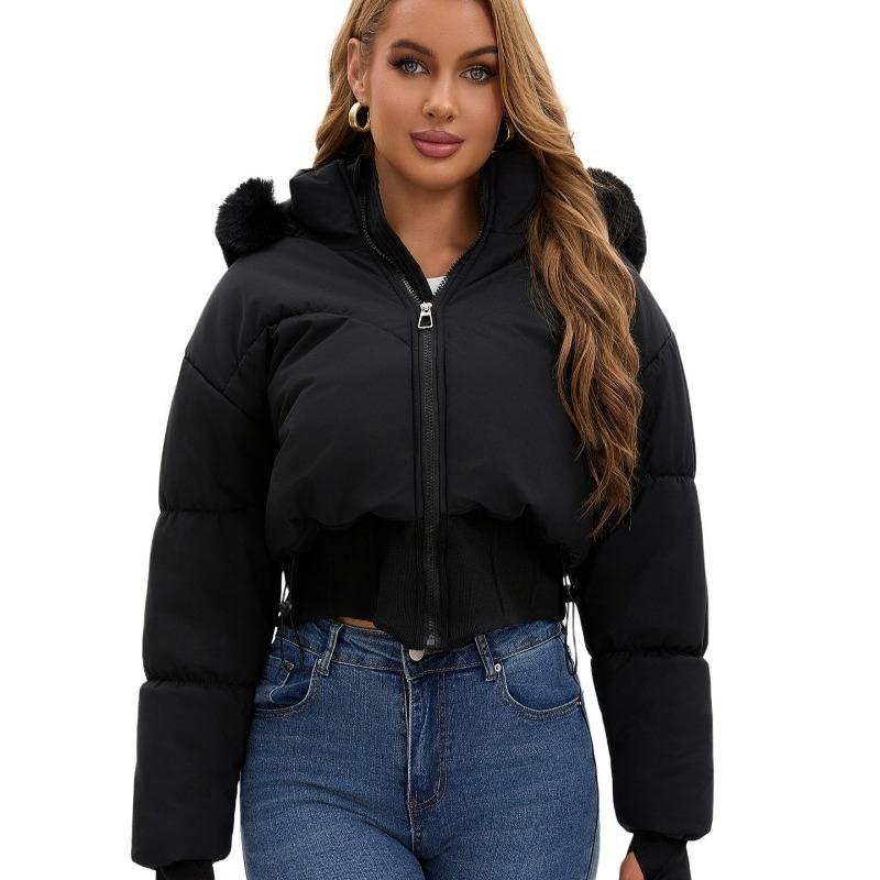Winter Big Fur Collar Hooded Short Cotton-padded Jacket Women's Thick Warm Cotton-padded Jacket Waist Design Jacket