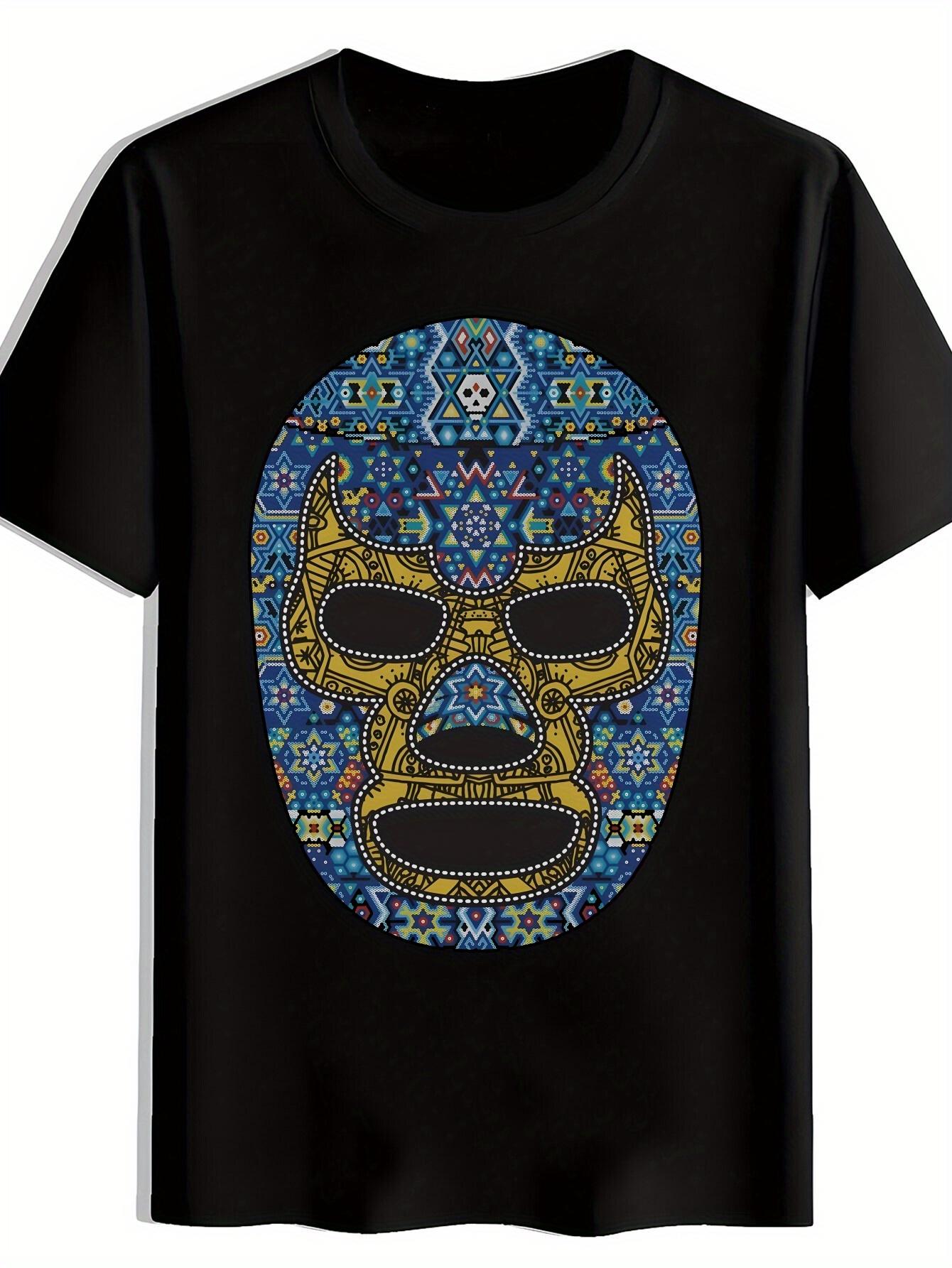 Black T-shirt with Vibrant Blue & Golden Mexican Skull Design - Casual Polyester Round Neck Tee for Summer XL