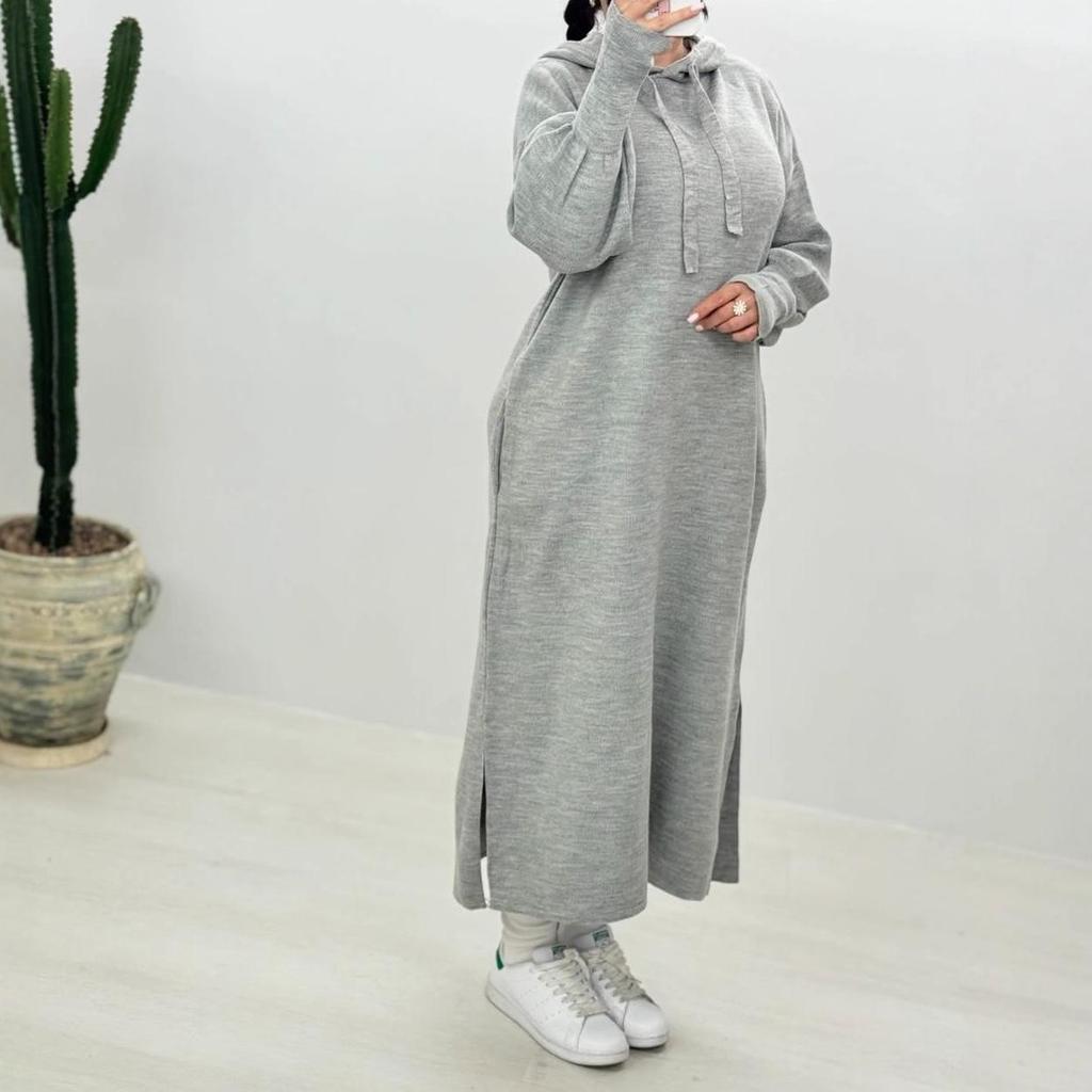 2025 Autumn Women's European & American Knit Sweater Dress with Elastic Lantern Sleeves and Hood