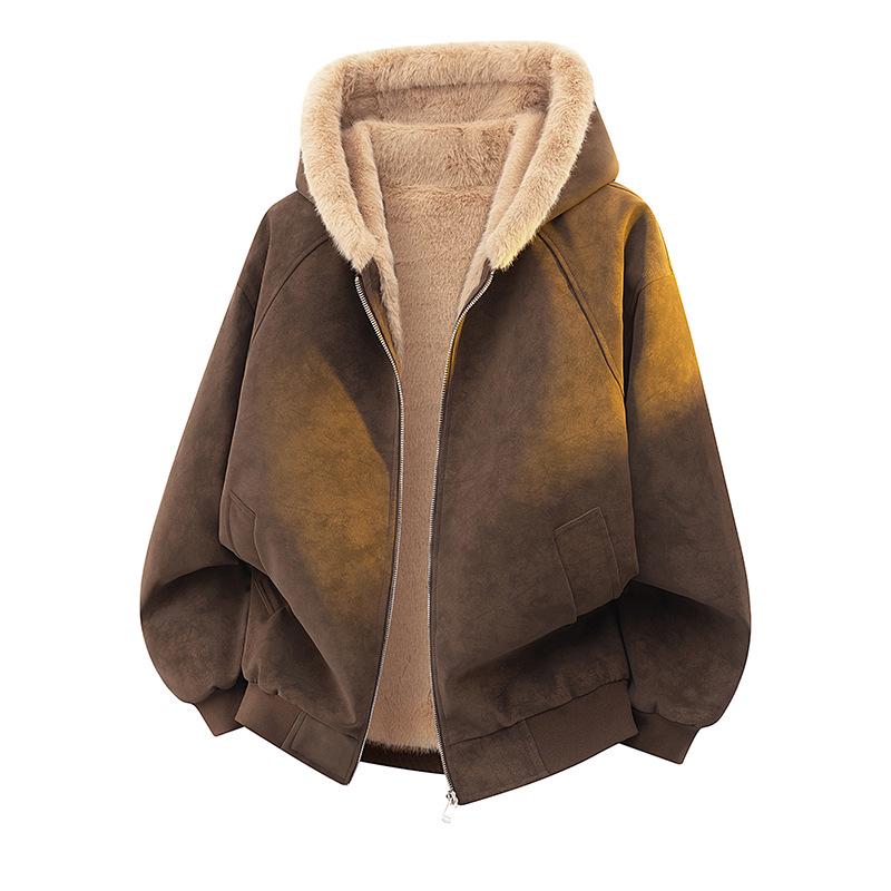 

Унисекс зимняя хлопковая куртка с капюшоном, имитирующая кожу личи, с подкладкой из флиса и меховым воротником XL кофейный