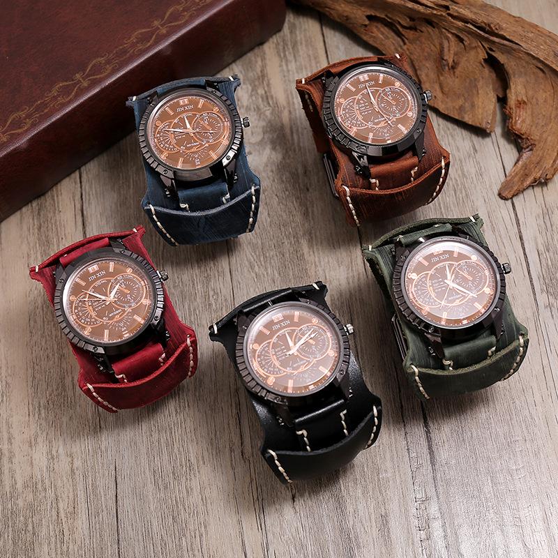 Retro Distressed Men's Cowhide Watch: European American Punk Wide Leather Bracelet Jewelry