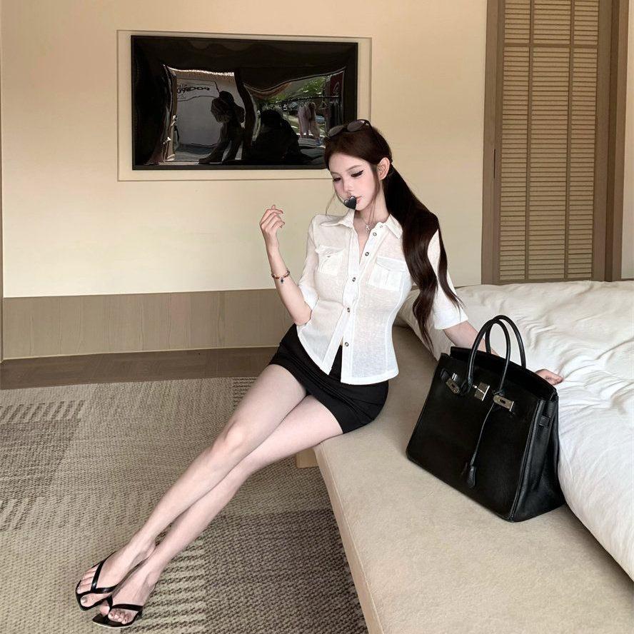 Summer new simple style white lapel mid-sleeved shirt women's design sense slim waist Spice Girl top