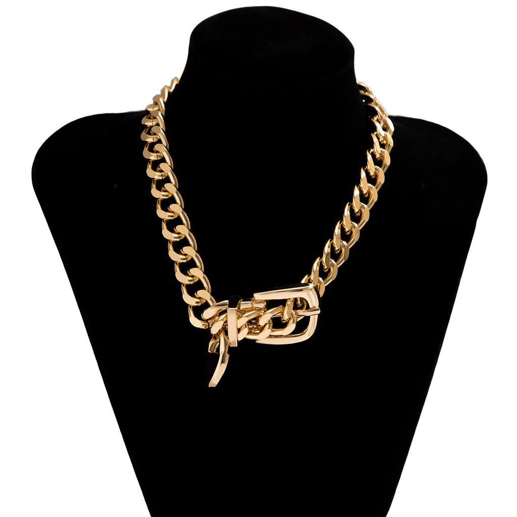 European and American Jewelry, Punk Thick Chain Belt Buckle Collarbone Necklace Female, Hip Hop Heavy Industry Metal Geometric Necklace
