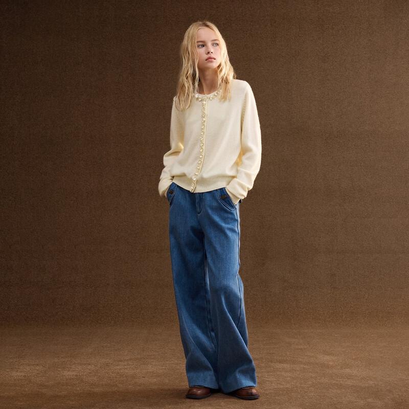 ELLE KIDS Girls' Wool Blend Hand-Embroidered Lace Cardigan