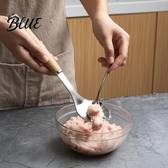 Kitchen Gadget for Food Prep Meatball Spoon Maker Tool, Stainless Steel Non-stick Scoop, Professional Long Wooden Handle Shaping Cooking Equipment