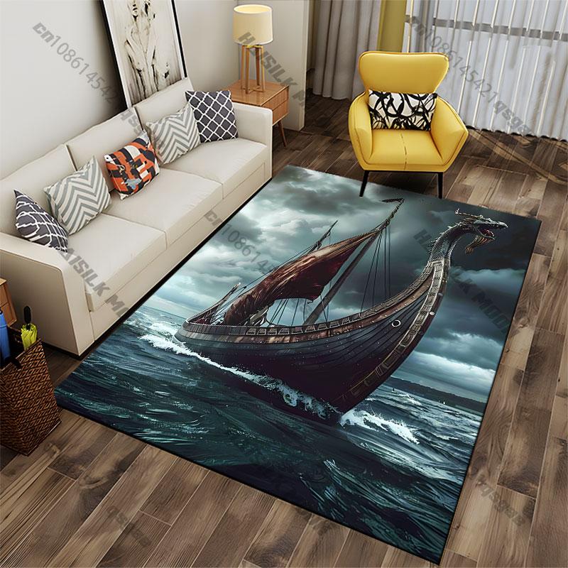 Viking Ship Sailing Stormy Seas Carpet Yoga Living Room Room Decor Children's Crawling Mat Doormat Area Rug Games Mat