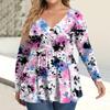 Women's Plus Size Shirt Long Sleeve  Print Top Pleated Casual V-Neck Top