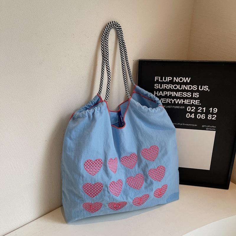 2025 New Bag Women's Shoulder Bag Love Embroidered Shopping Bag Nylon Cloth Portable Niche Shopping Bag Cloth Bag