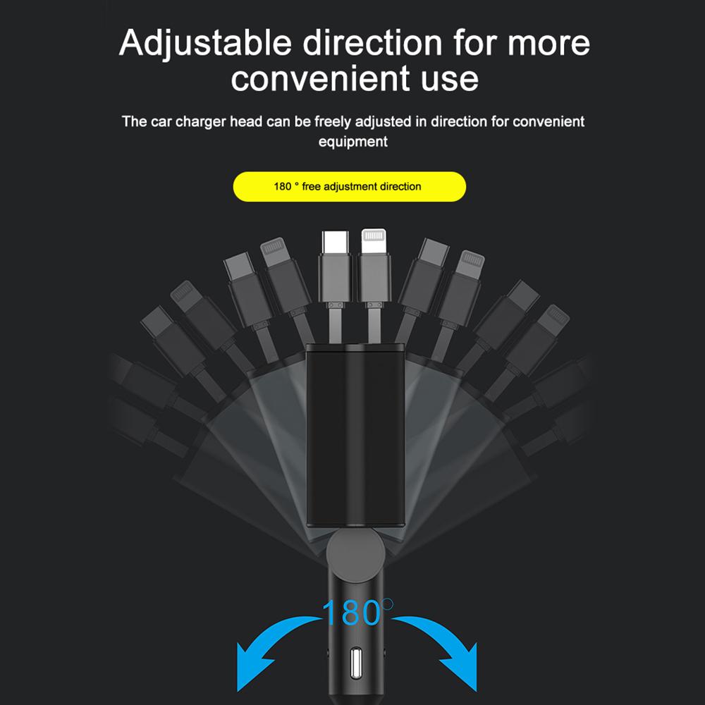 4/5-in-1 120W Retractable Car Charger Fast Charger USB+PD Power Adapter Phone Charger with Voltage Display For IOS Android Phone