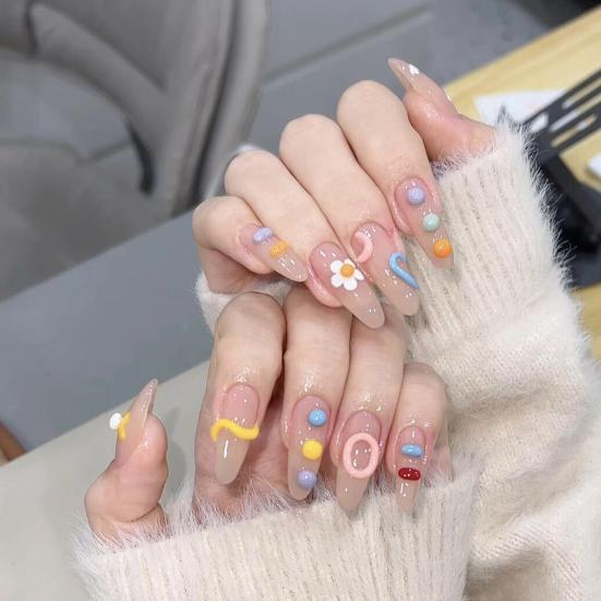 10Pcs 3D Flower Fake Nails Long Nail Extension Kit Wear Armor Reusable Easy to Remove Time-Saving Press on Nails for Home Salon