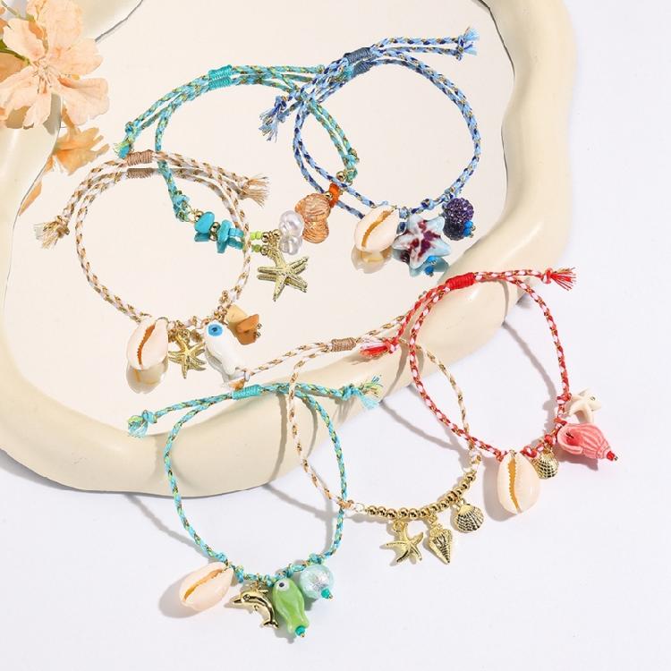 Keramik-Meerestier-Anhänger, geflochtenes Armband, verstellbares Seildesign mit Seestern- und Muschel-Charm, lässiger Schmuck