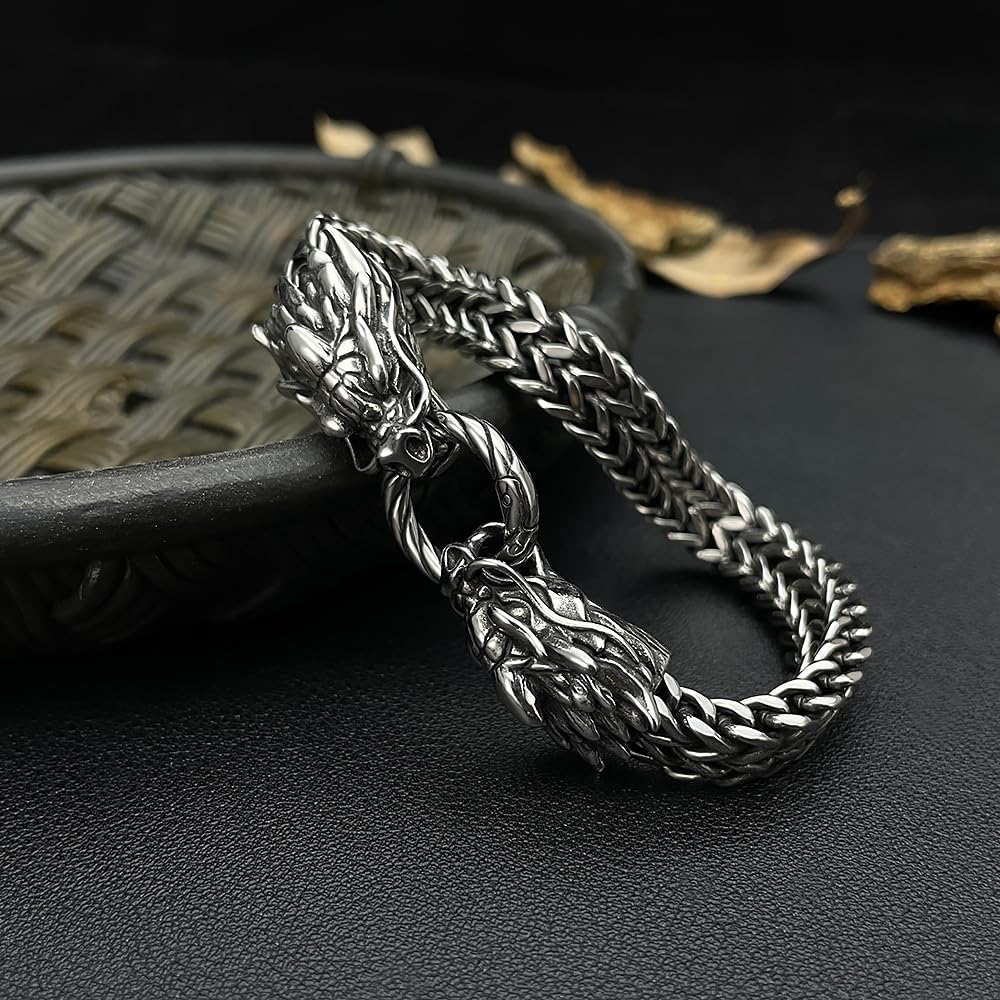 Silver Dragon Animal Motif Dragon Ring Dragon Bracelet Double Layer Chain Stainless Steel Hypoallergenic Halloween Anniversary Gift Accessory Su