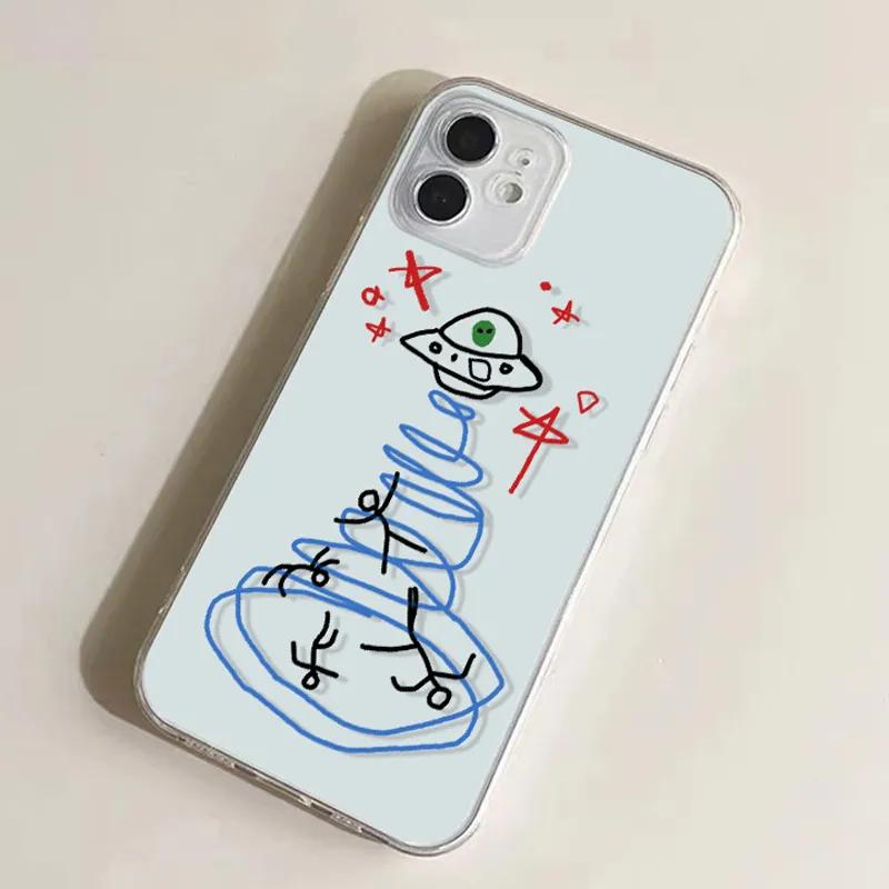 Clear Phone Case For iPhone 17 17E 16 16E 15 14 13 12 11 Pro Max Plus Air UFO Alien Doodle Art Soft TPU Shockproof Cover